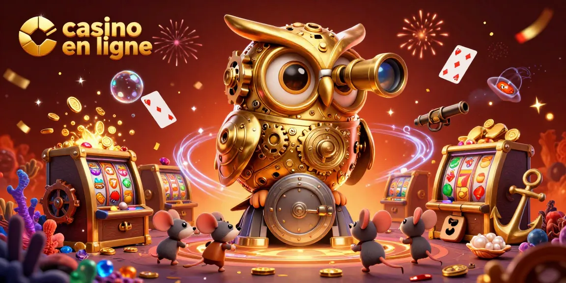 Plongez dans l'univers du casino en ligne avec une illustration de machines à sous et une chouette dorée.