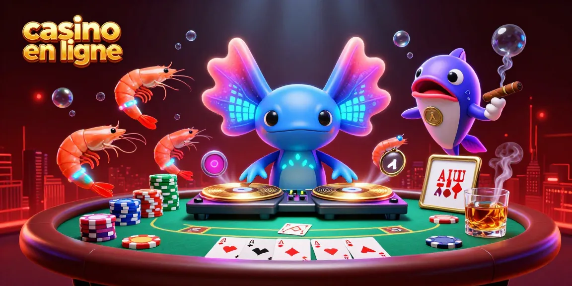 Illustration 3D d'un DJ axolotl avec une ambiance de casino en ligne, entouré de jetons et de cartes.