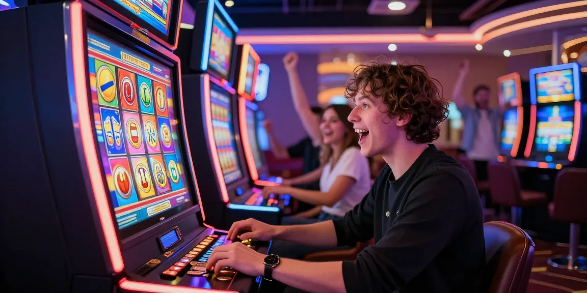 Pengunjung aktif bermain slot di kasino dengan suasana meriah menggunakan mesin slot.