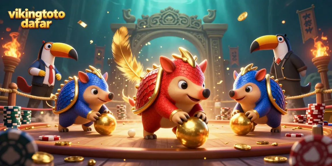 Permainan vikingtoto daftar dengan pangolin bersaing dan koin emas yang berkilauan.