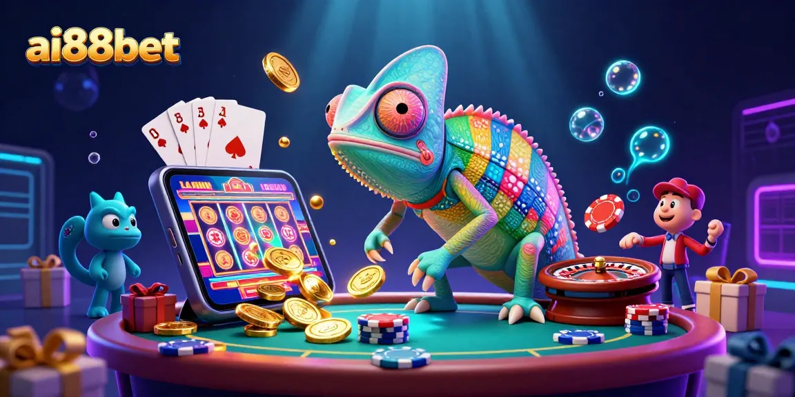 Experience excitement at ai88bet as the chameleon snaps golden coins amidst slot games.