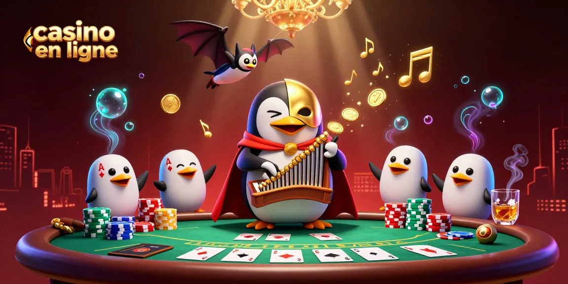Illustration dynamique de casino en ligne avec un pingouin fantôme jouant de l'orgue et des jetons de poker en vol.