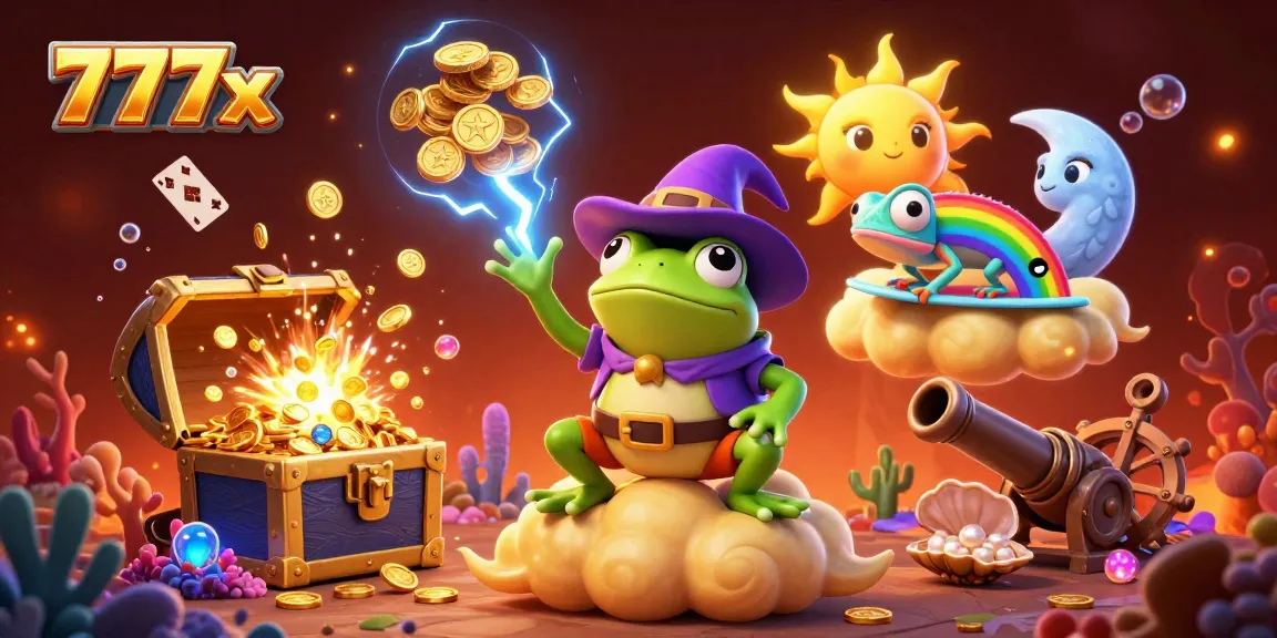 Win big with 777x as a weather wizard frog creates gold coin storms in a lively casino scene.