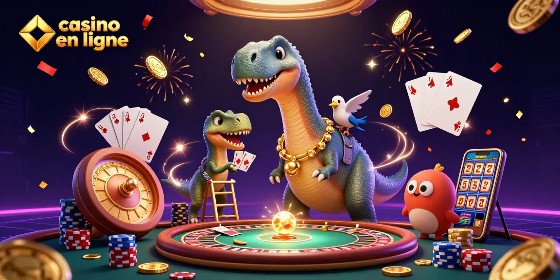 Illustration animée montrant un brontosaurus dans un casino en ligne, distribuant des cartes en jouant au poker.