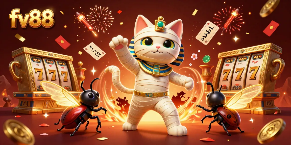 Experience thrilling gameplay at fv88 with a 3D Egyptian mummy cat and golden gaming elements.