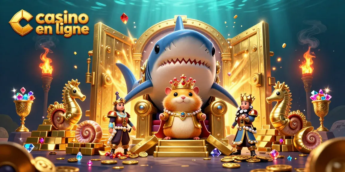Profitez des jeux au casino en ligne avec un roi hamster sur son trône en dents de requin, rempli de trésors brillants.