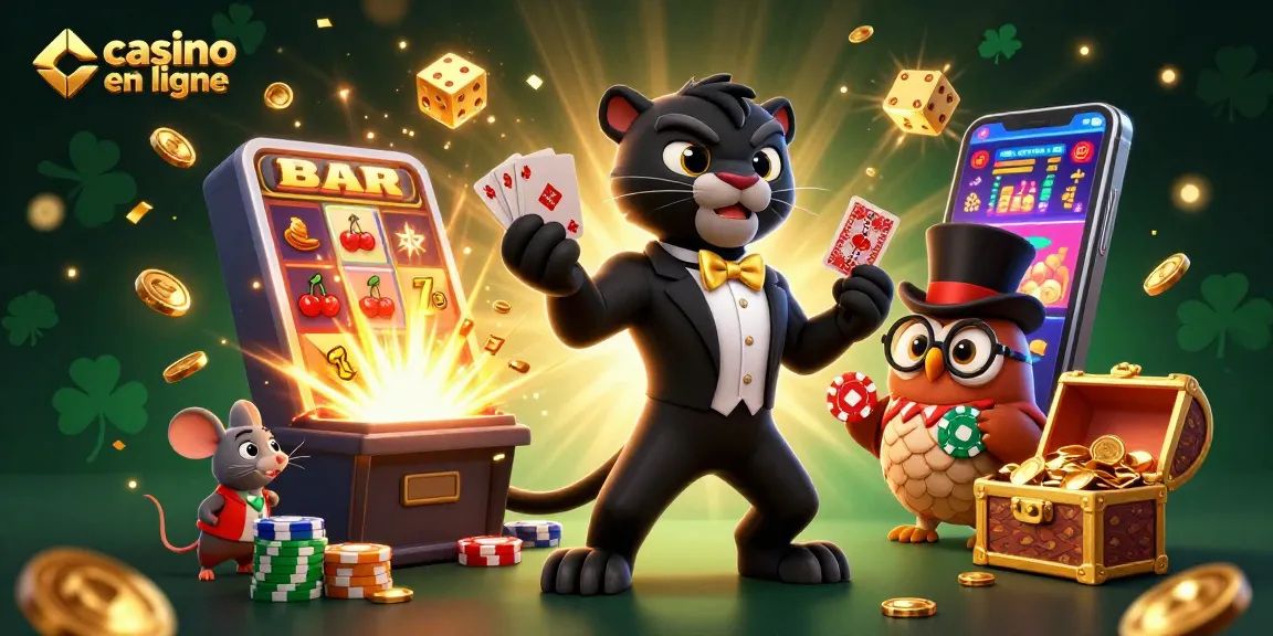 Plongez dans l'ambiance du casino en ligne avec un groupe amusant de personnages colorés entourés de machines à sous et de jetons.