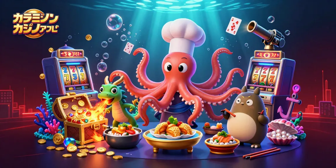オンラインカジノ アプリでのスロットマシンを囲んで遊ぶ3Dイラストの寿司シェフとドラゴン。