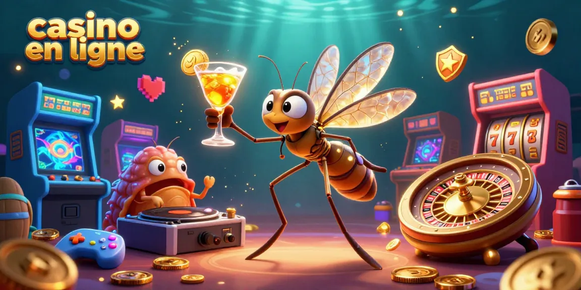 Visuel ludique illustrant un casino en ligne avec une mascotte originale et des éléments de jeux d'arcade.