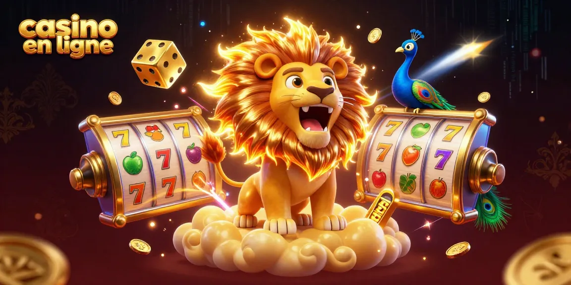 Jouez au casino en ligne avec un lion enflammé, des dés dorés, et des éléments de machines à sous.