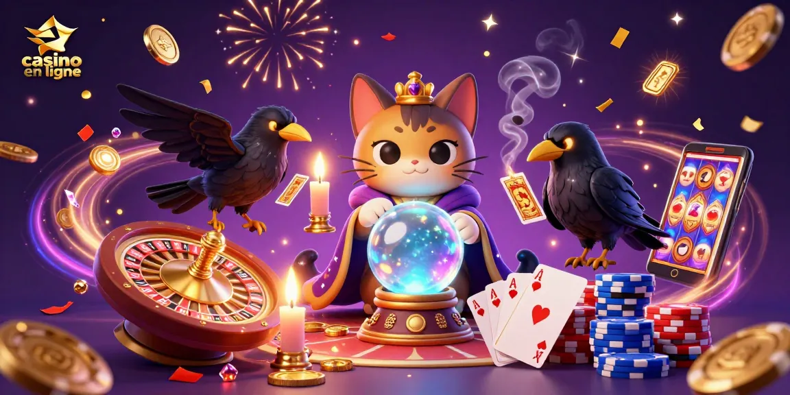 Découvrez le monde du casino en ligne avec cette illustration dynamique mêlant mysticisme et jeux de hasard.