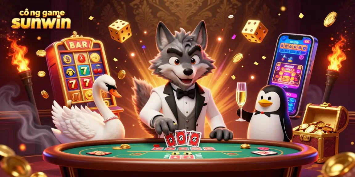 Experience the vibrant cổng game sunwin with an energetic 3D casino scene featuring iconic characters.