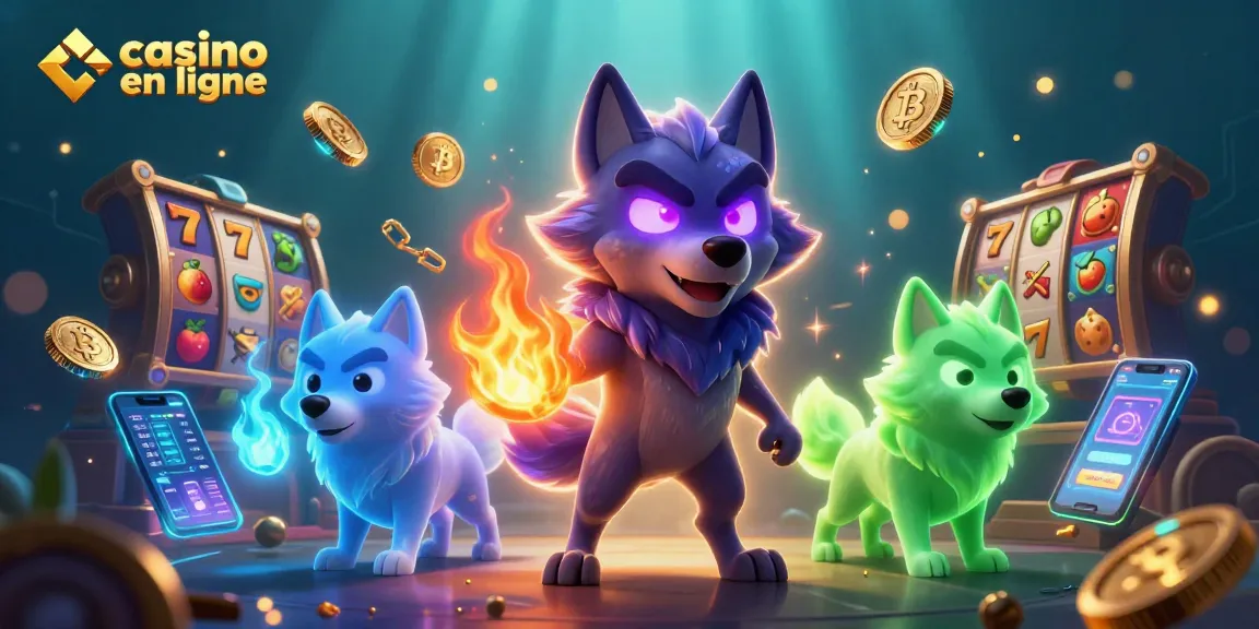 Jouer dans un casino en ligne avec des personnages de loup en 3D entourés de jackpots et de cryptomonnaies.