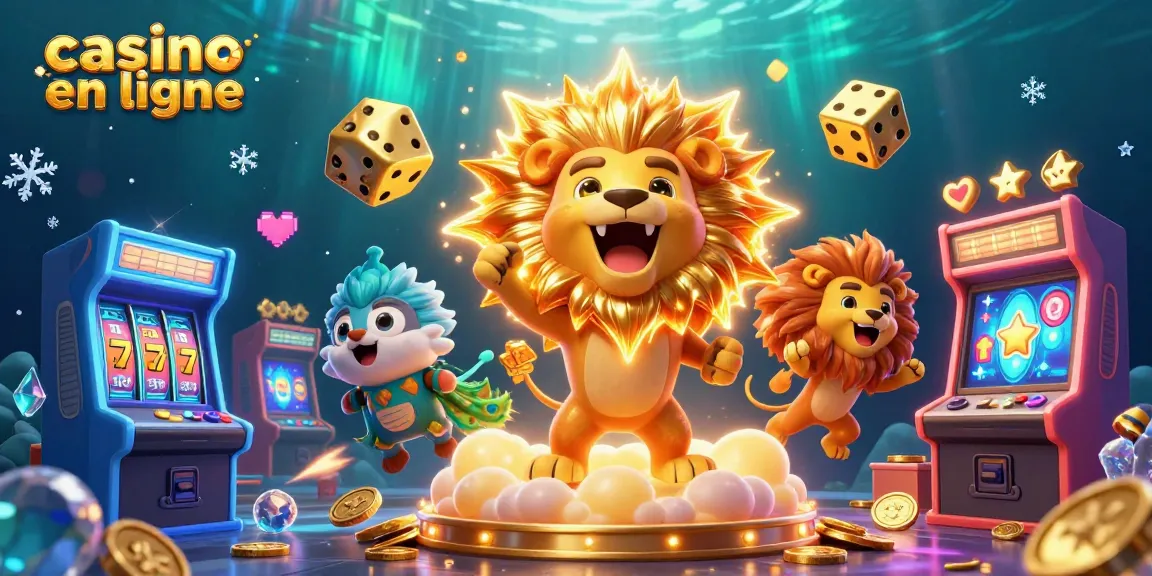 Illustration dynamique représentant le lion soleil et des dés dorés pour le casino en ligne.