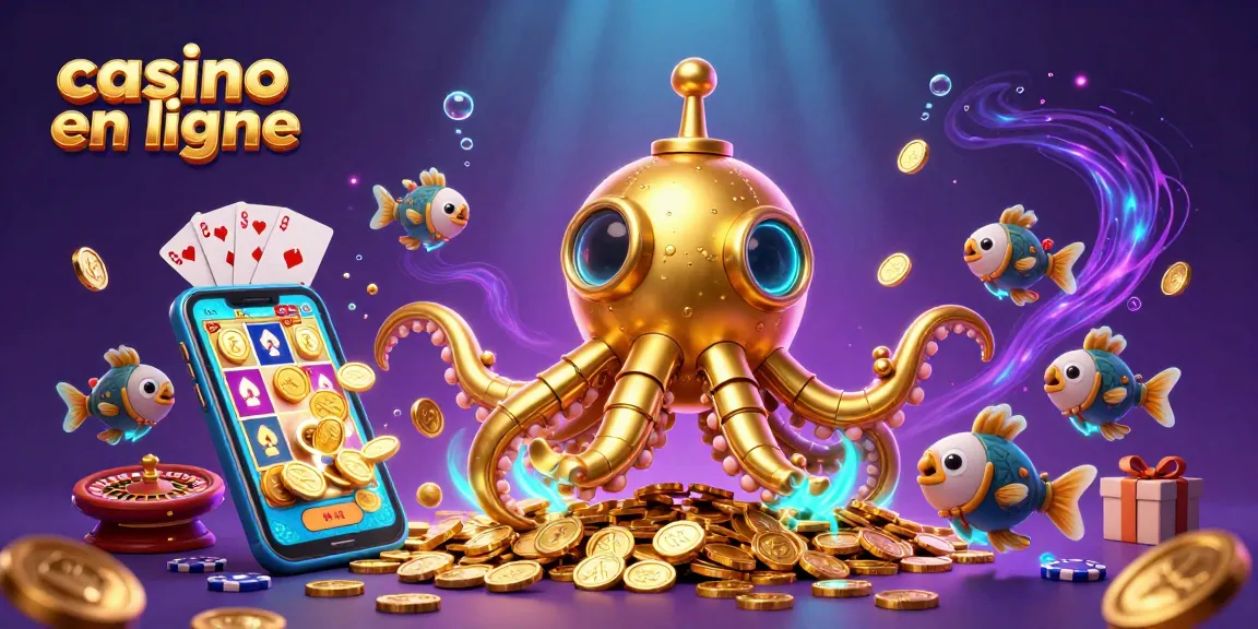 Visitez la scène dynamique du casino en ligne avec un kraken doré au milieu de pièces d'or et des jeux de casino.