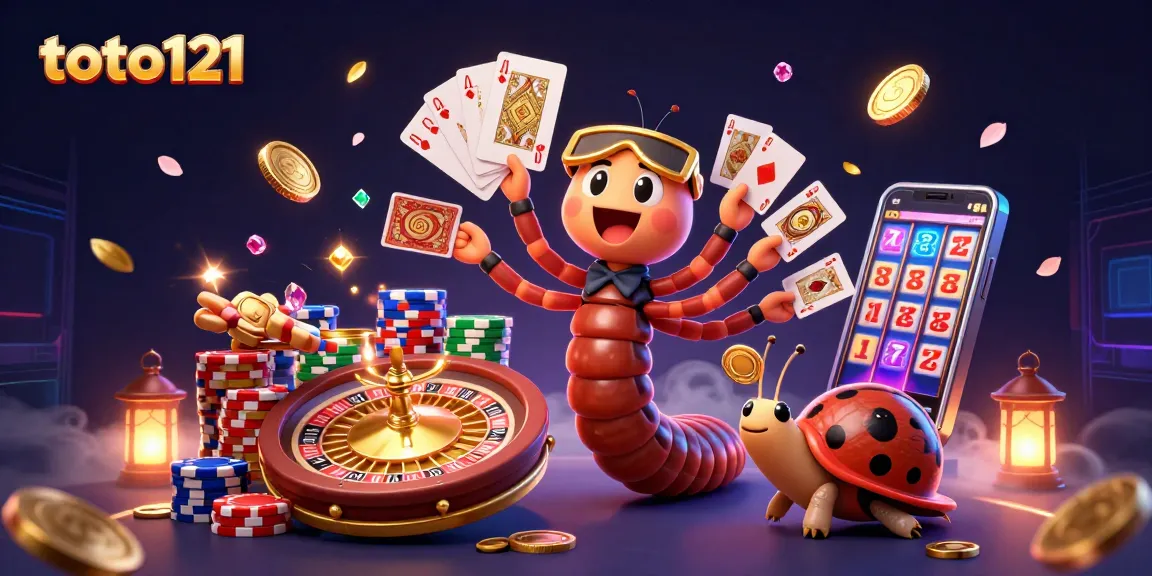 toto121 memikat pemain dengan dealer kurita yang memegang kartu, dikelilingi koin emas dan chip poker.
