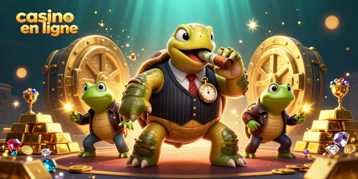 Plongez dans le monde du casino en ligne avec cette illustration unique d'une tortue massive en costume.