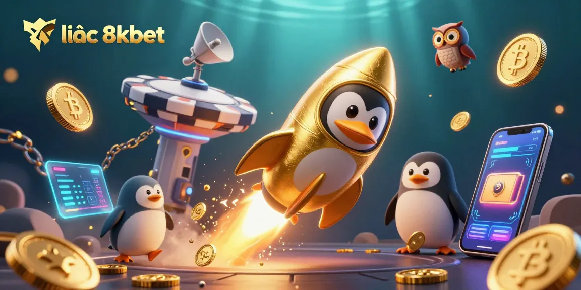 Experience excitement with xôi lạc 8xbet, a vibrant casino scene featuring a golden penguin and crypto elements.