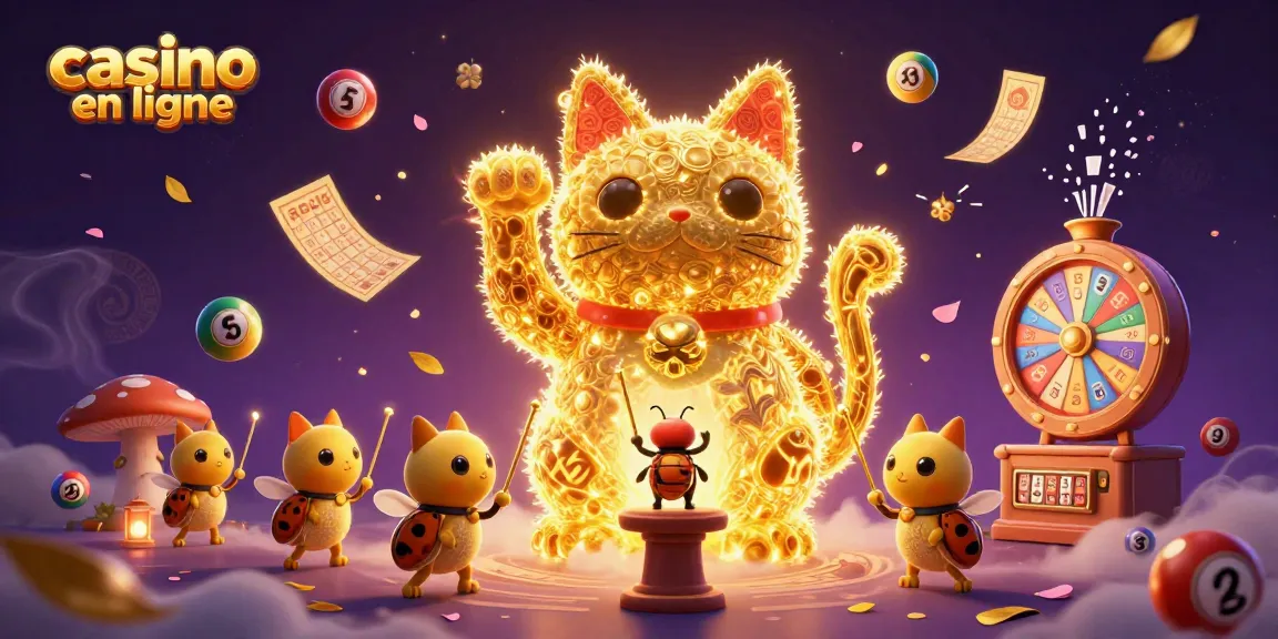 Découvrez un casino en ligne avec un chat porte-bonheur animé entouré de symboles de jeux.