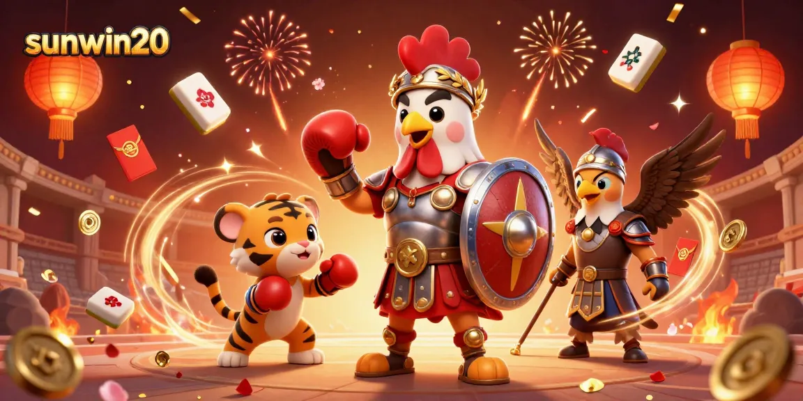 Join the excitement of sunwin20 with a 3D cartoon gladiator rooster in an arena, amidst casino symbols and festive elements.