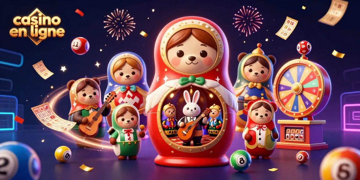 Jouez au casino en ligne avec des ours, des ballons de loterie et un arrière-plan festif.