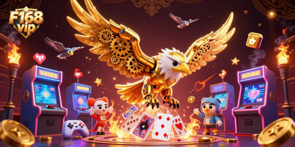 Experience thrilling gameplay with F168 vip as a golden eagle dives through stunning holographic cards.